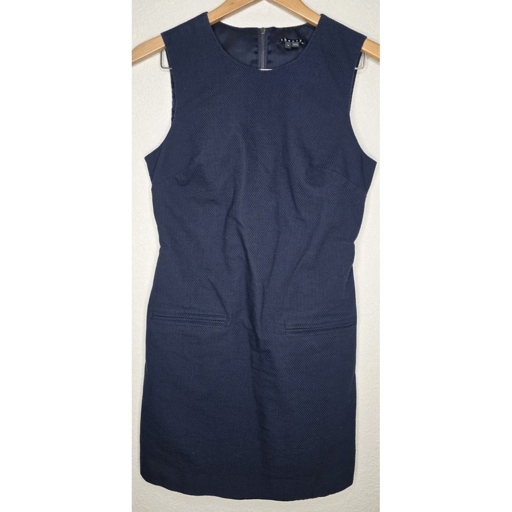 Theory Women 8 Textured Dress Navy Sleeveless Pockets Career Business Casual
